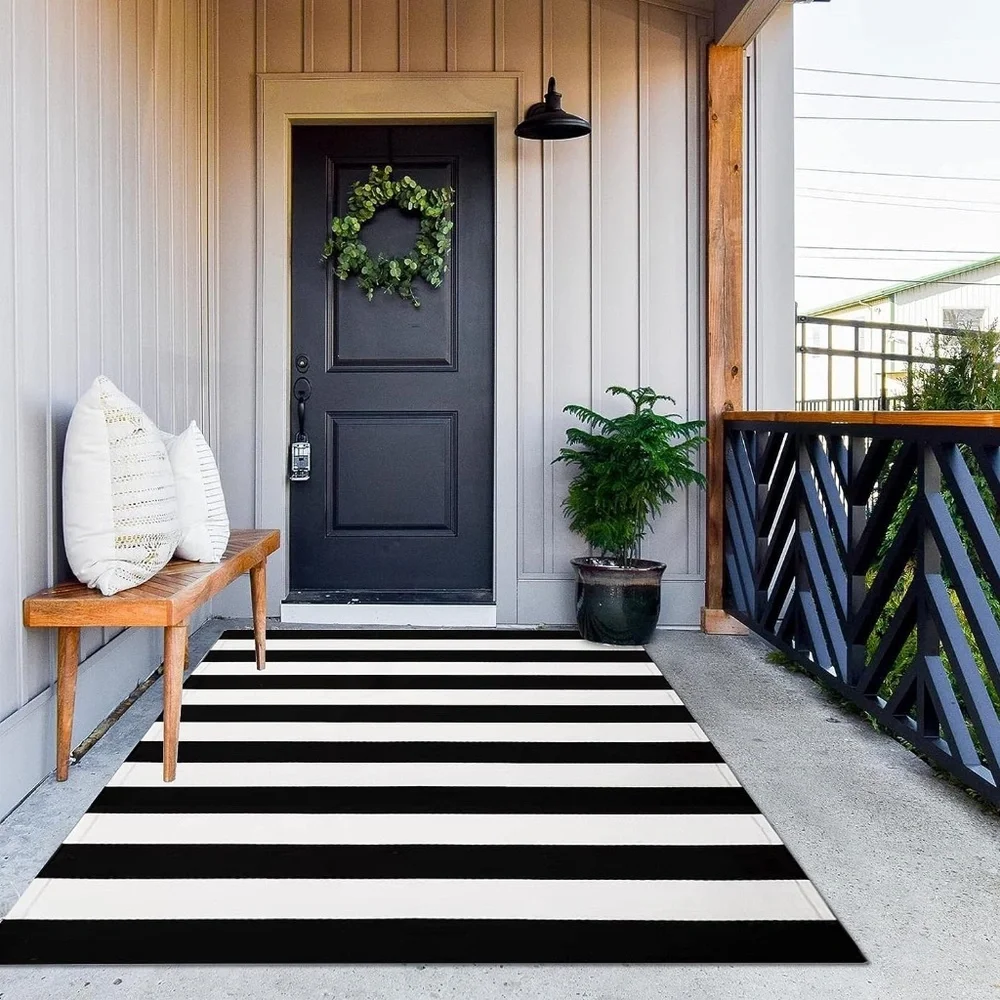 MUBIN Cotton Black & White Striped Rug 27.5
